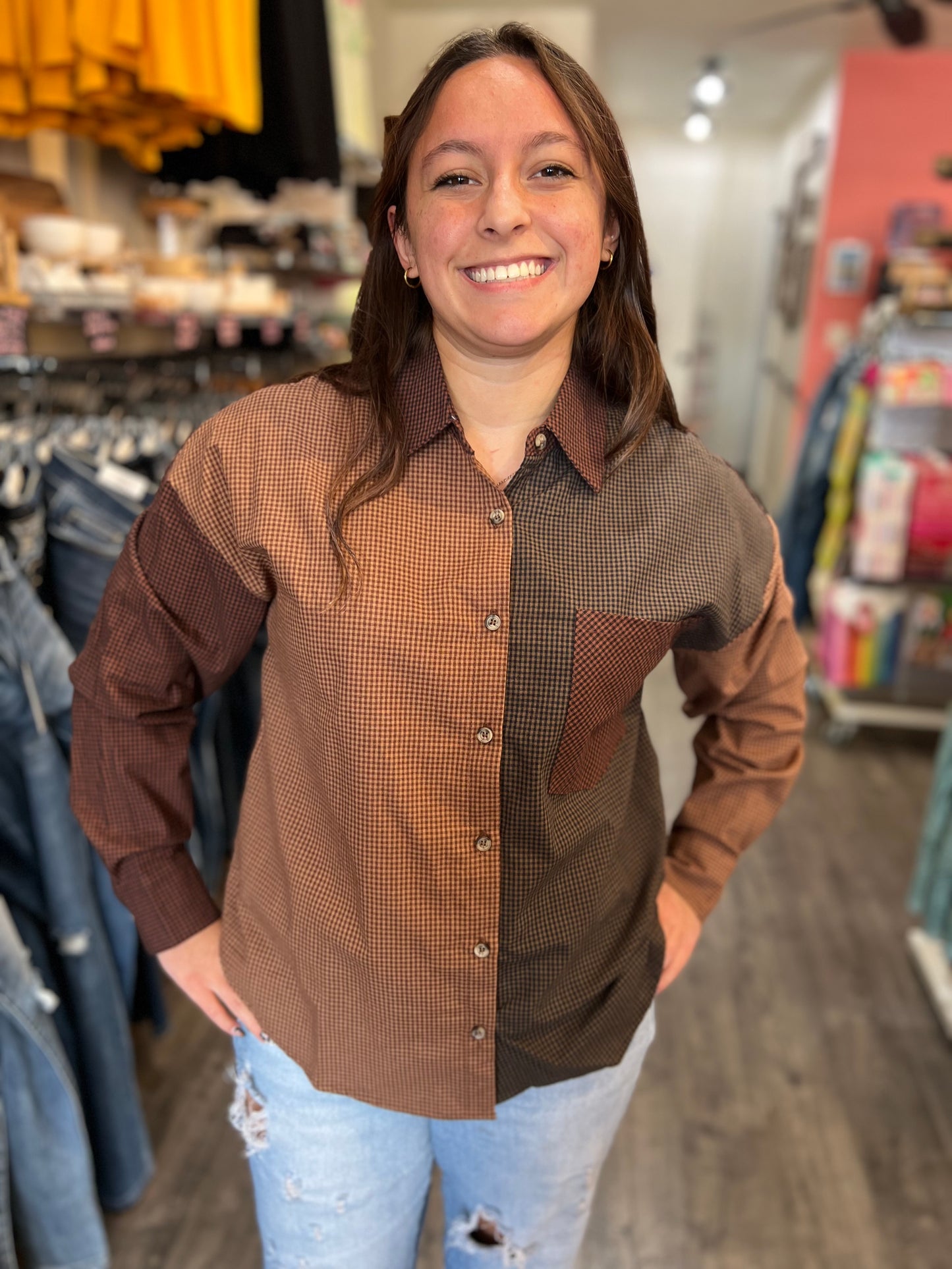 Plaid Colorblock Button Down Top