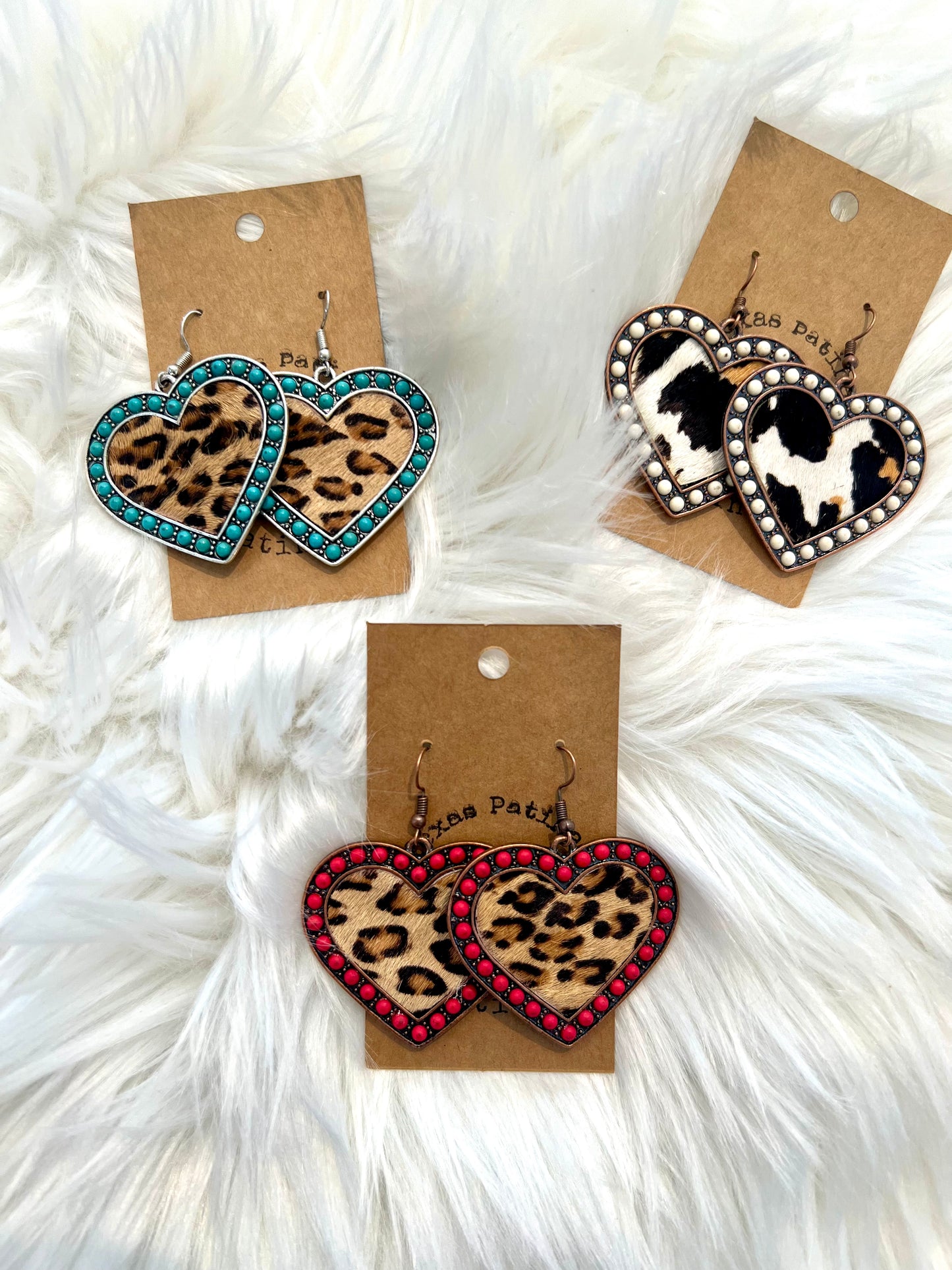 Beaded and Animal Print Heart Earrings