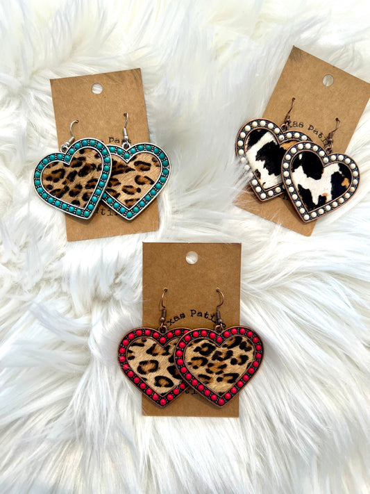 Beaded and Animal Print Heart Earrings