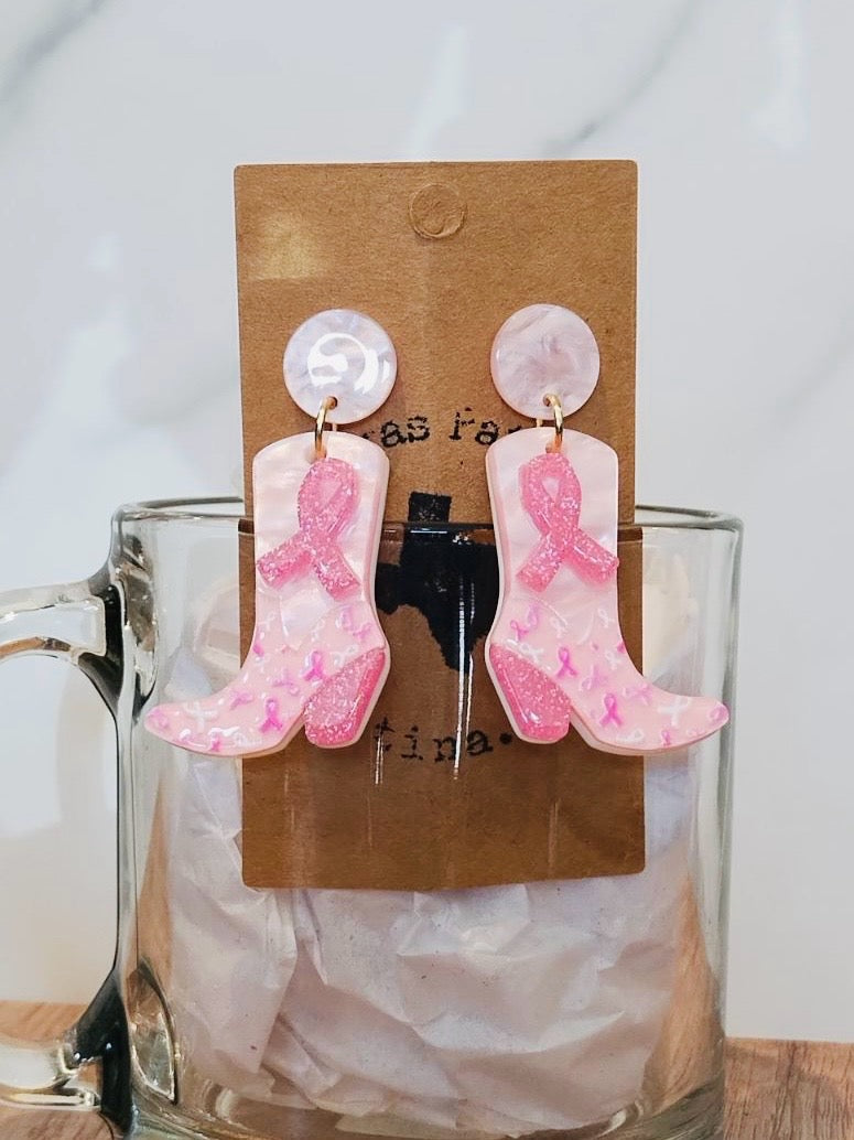 Cowboy Boot Pink Ribbon Earrings