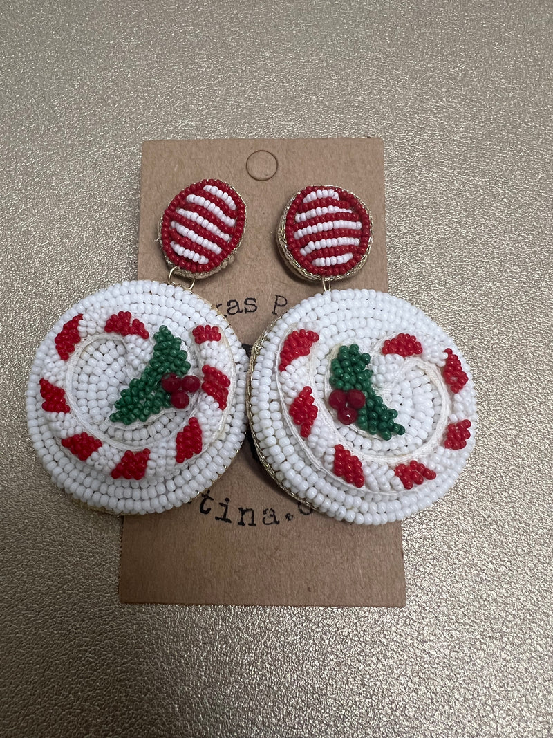 Beaded Round White Christmas Earrings