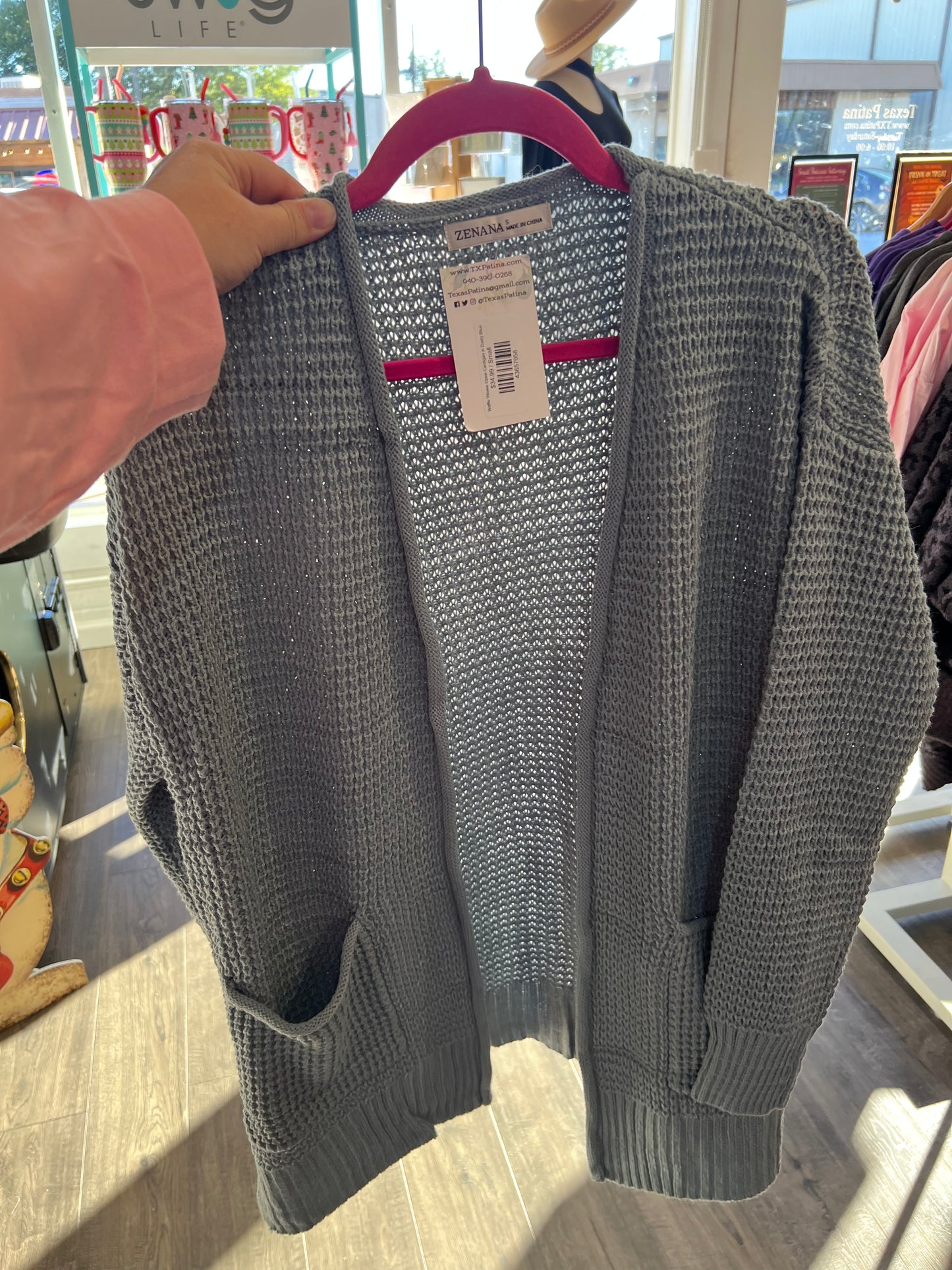 Waffle Weave Open Cardigan in Dusty Blue