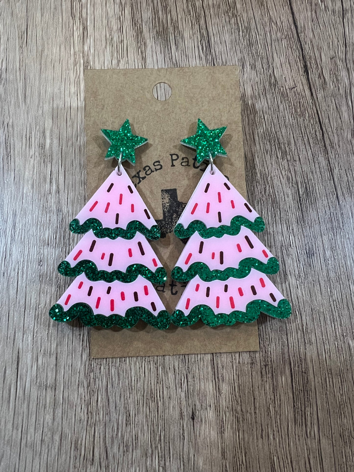 Pink and Green Acrylic Tree Earrings