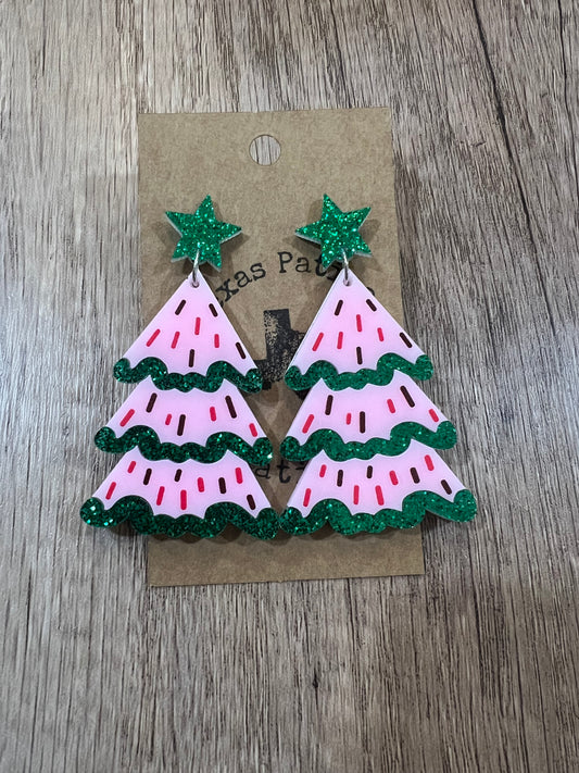 Pink and Green Acrylic Tree Earrings