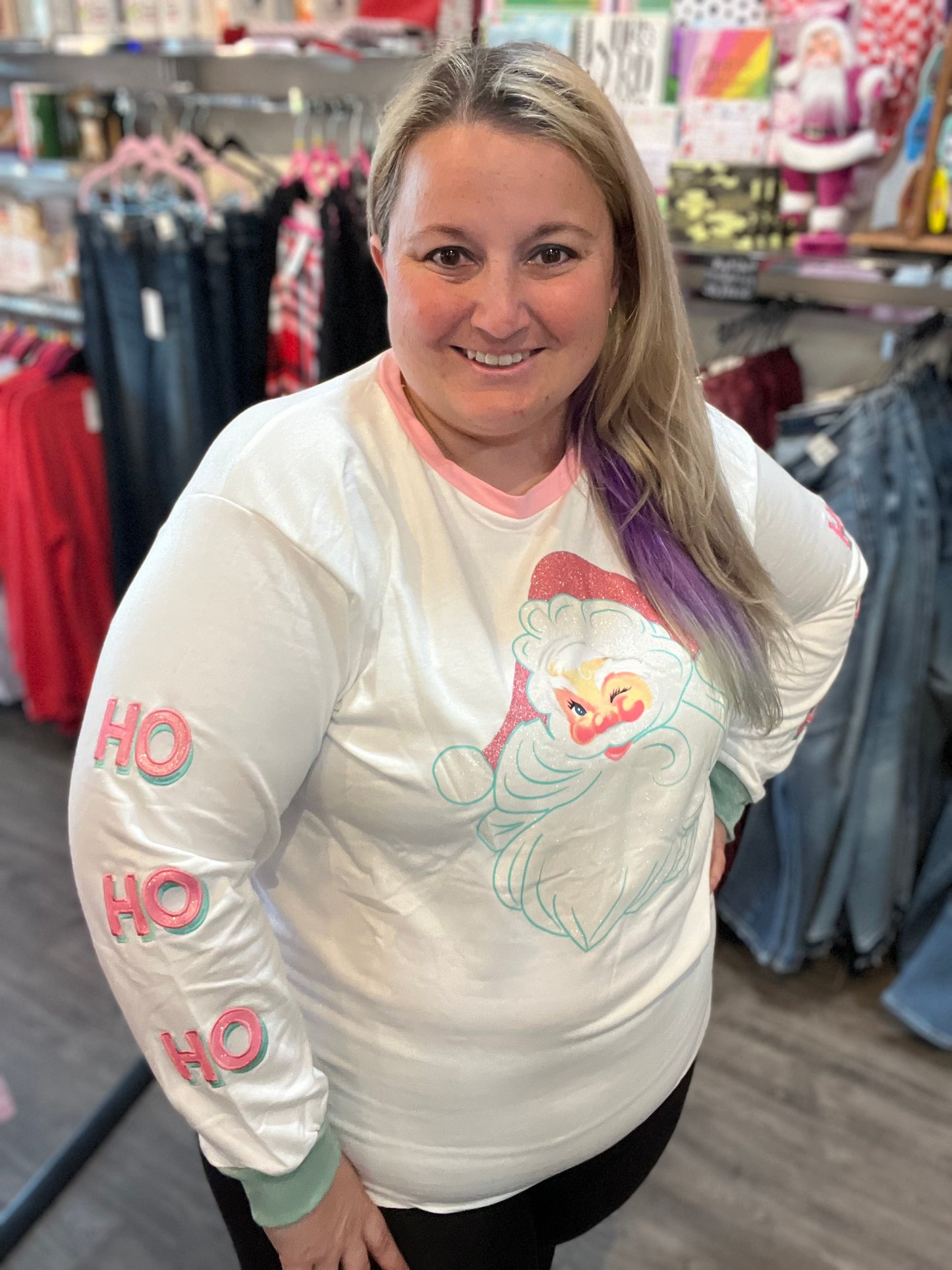 Glitter Santa on White Sweatshirt