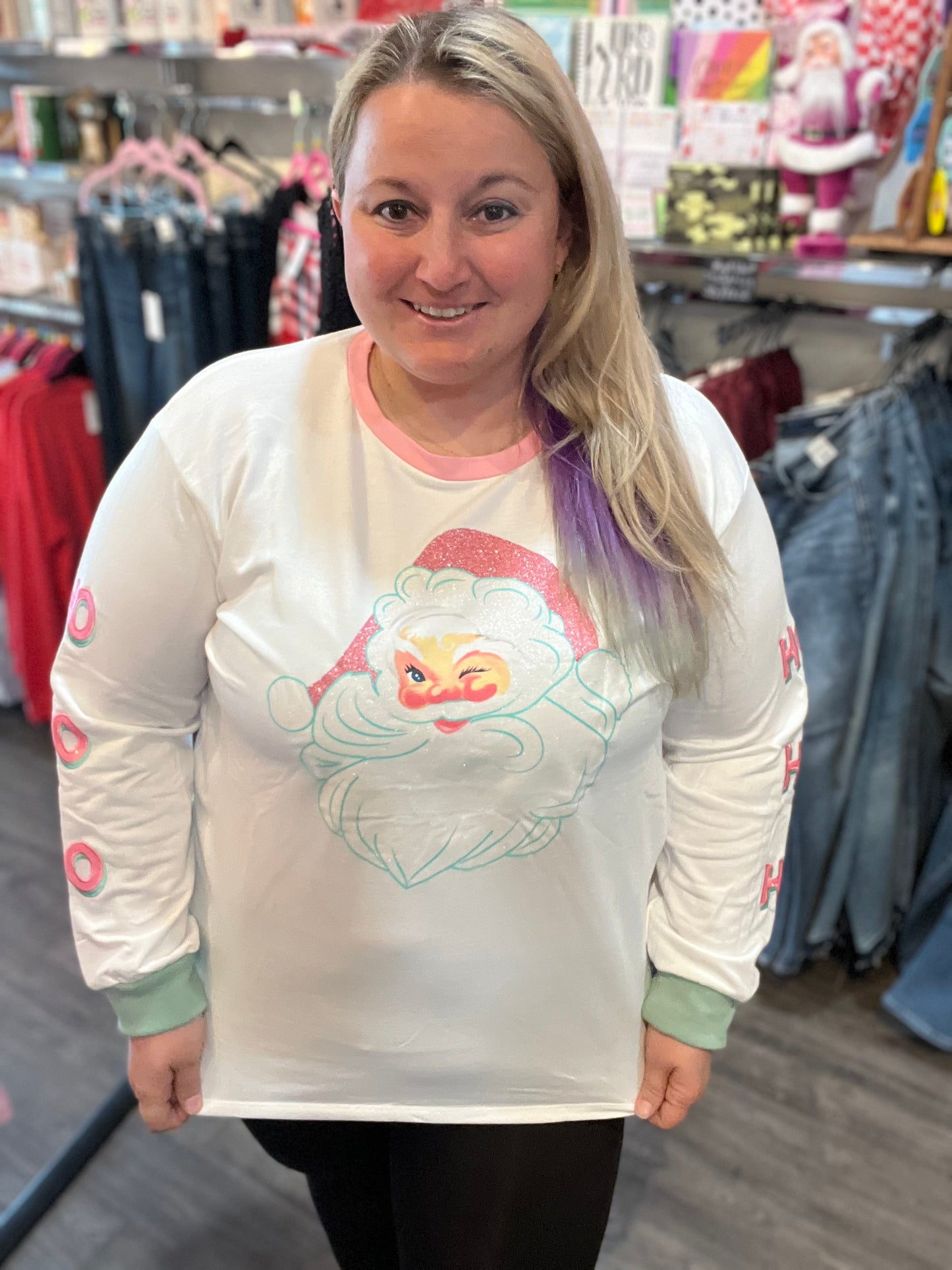 Glitter Santa on White Sweatshirt