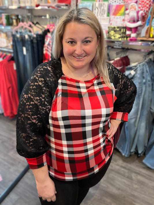 Red and Black Plaid top with Lace Sleeves