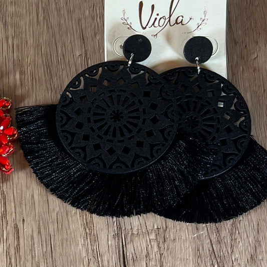 Black Wooden Tassel Earrings