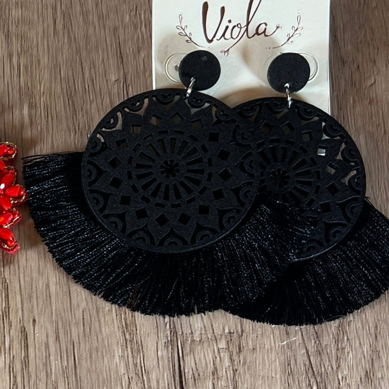 Black Wooden Tassel Earrings