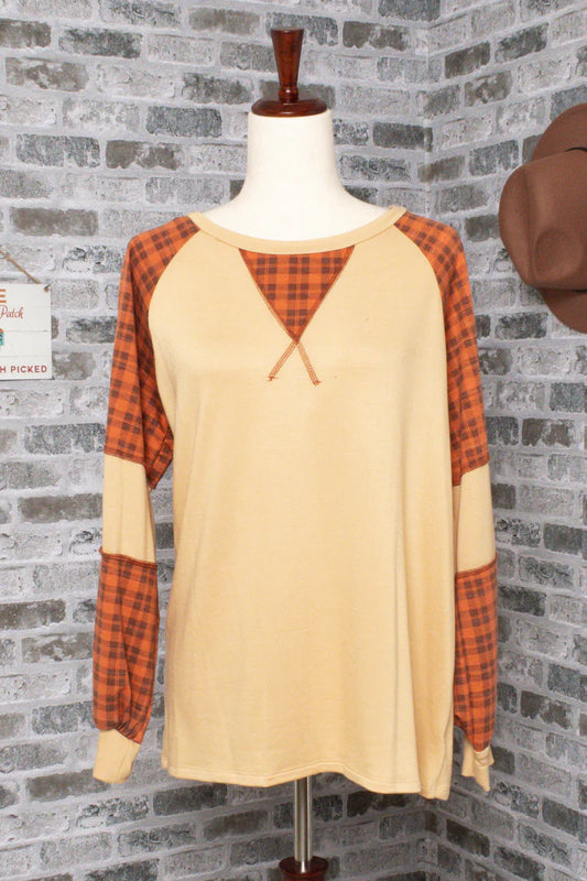 Rust Plaid Color Block Top