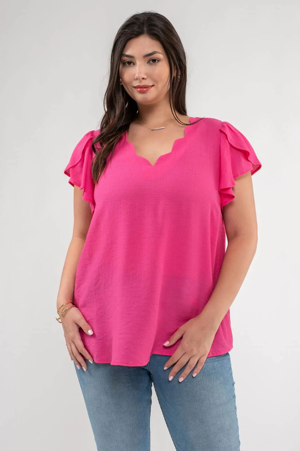 Scallop Neck Blouse Fuchsia