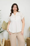 Crochet Lace Trim Short Sleeve Henley Blouse Cream