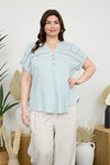Crochet Lace Trim Short Sleeve Henley Blouse Mint