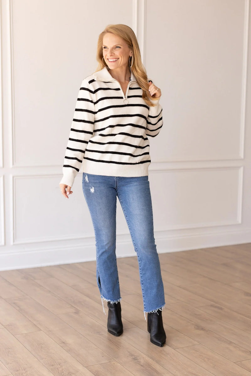 Black and White Stripe Quarter Zip Sweater