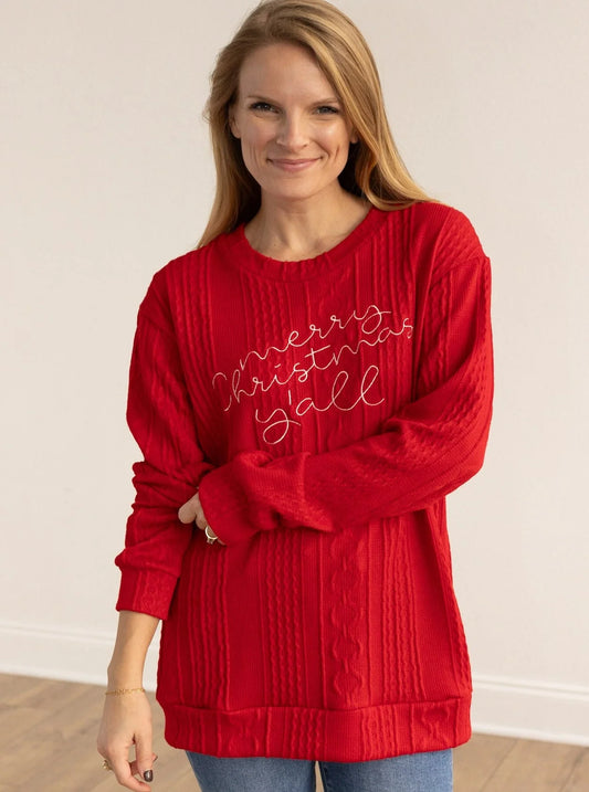 "Merry Christmas Y'all" on Red Knit Sweater