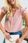 Split Neck Ruffle Sleeve Blush