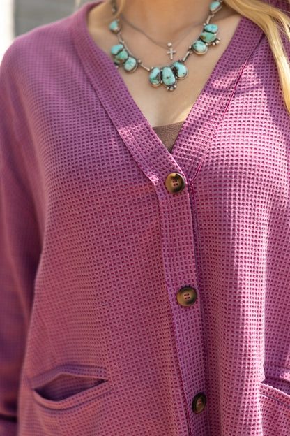 Wine Waffle Weave Cardigan