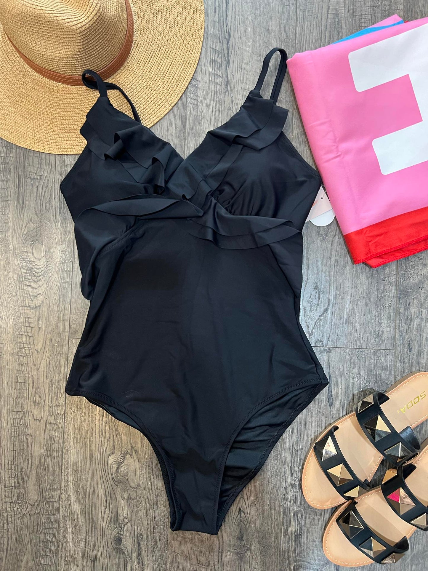 Black One Piece Ruffle Suit