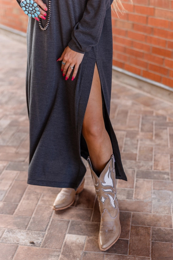 Grey Waffle Weave Hooded Duster Dress