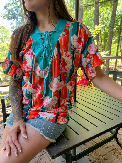 Ruffle Lace up Top Serape