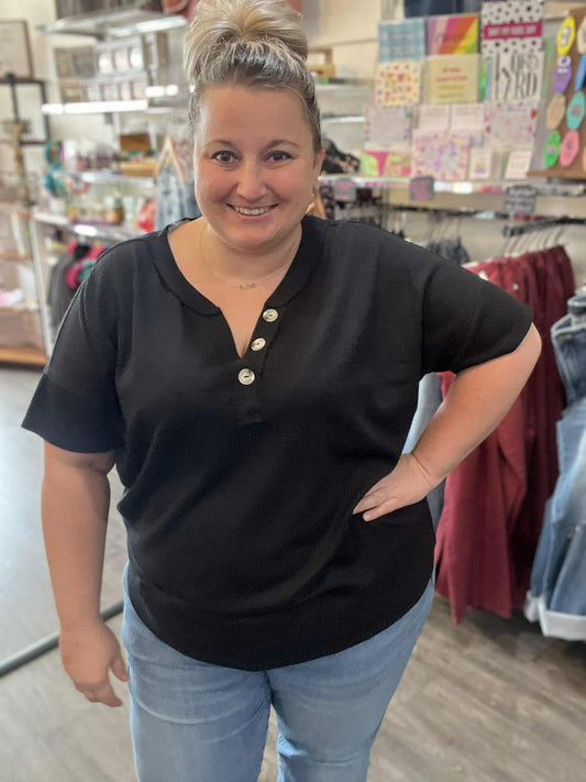 Black V Neck Waffle Weave Top