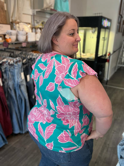 Round Neck Teal and Pink Top