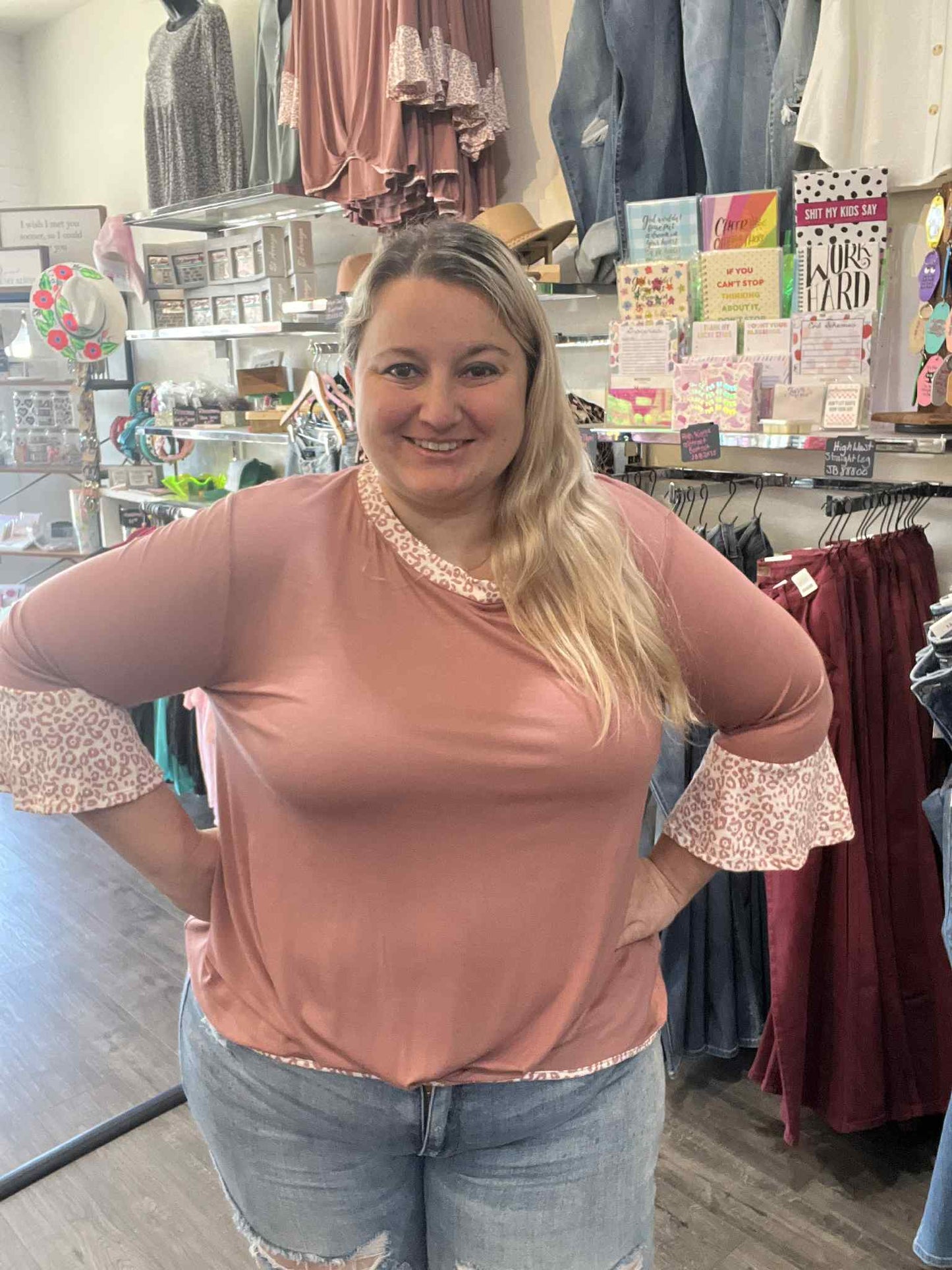 Animal Print Bell Sleeves Gathered Hem Top