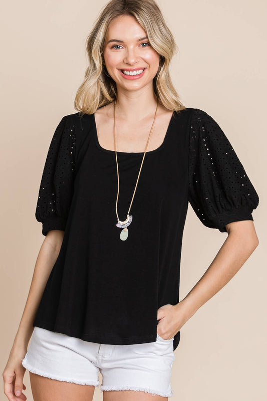 Eyelet Bubble Sleeves Solid Knit Top
