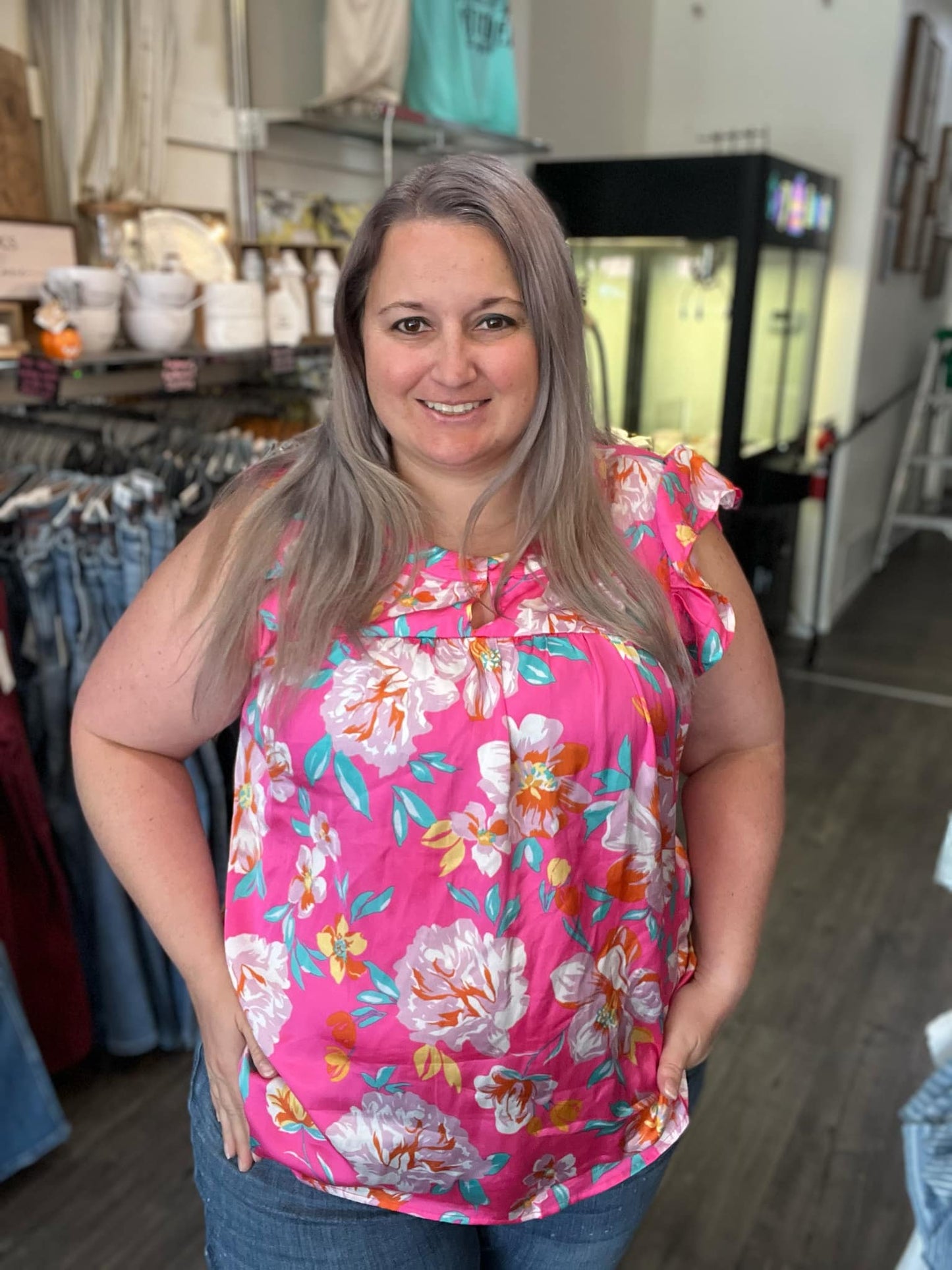 Pink Tropical Floral Flutter Sleeve