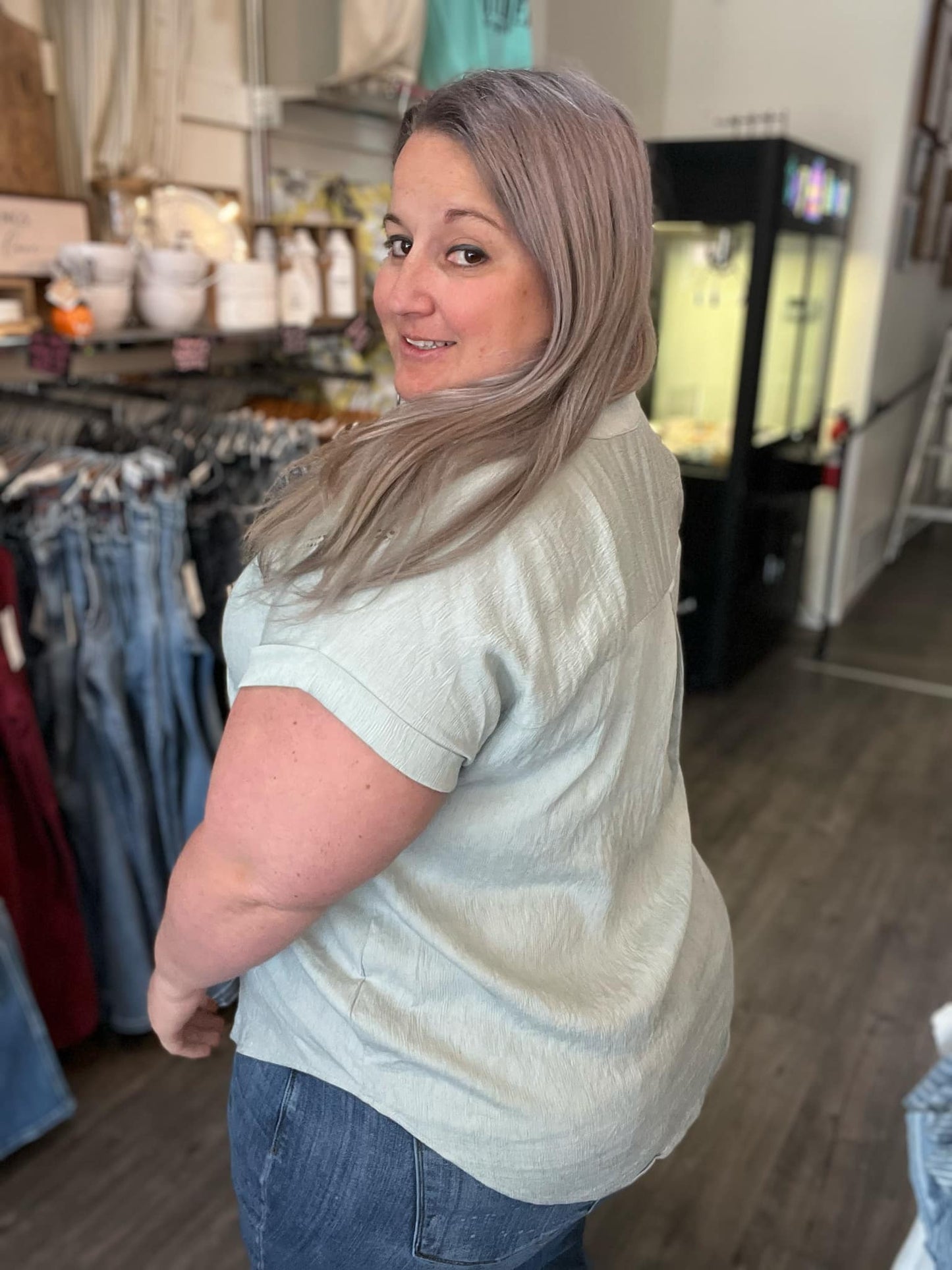 Crochet Lace Trim Short Sleeve Henley Blouse Mint