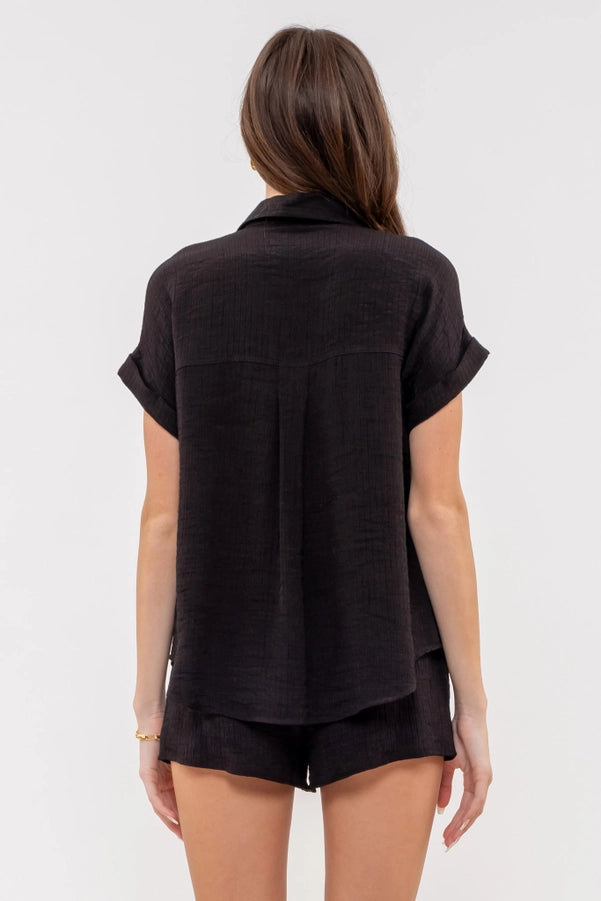 Solid Fold Sleeve Button Down Top Black