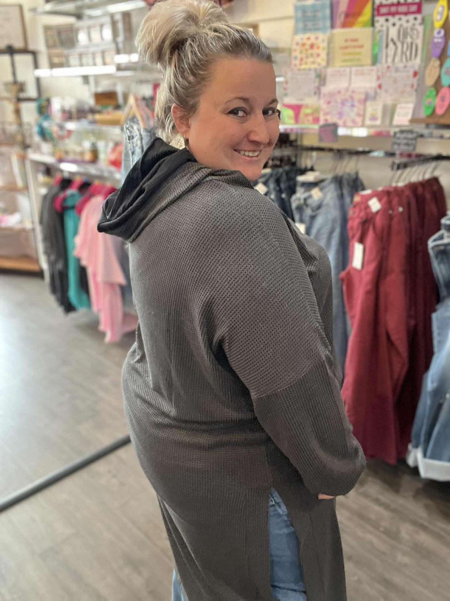 Grey Waffle Weave Hooded Duster Dress