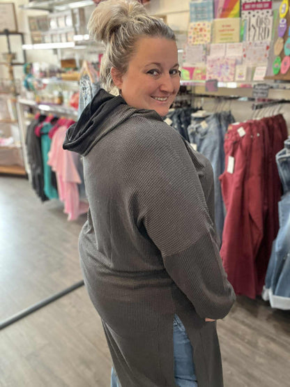 Grey Waffle Weave Hooded Duster Dress
