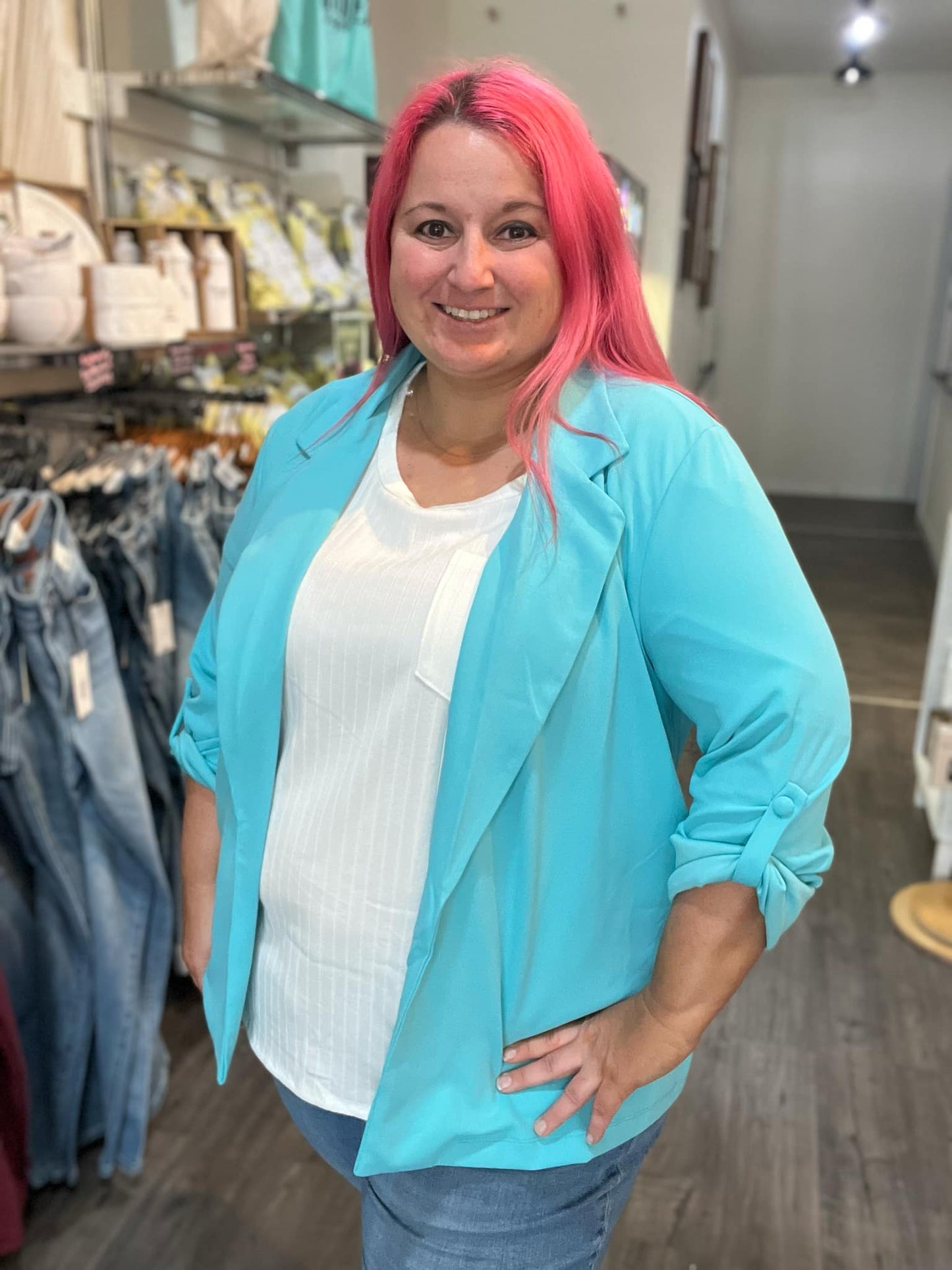 Open Fron Boyfriend Blazer Aqua