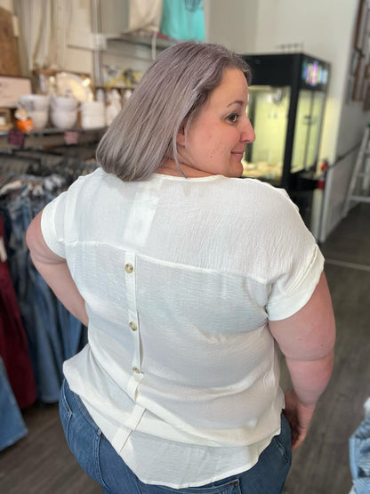 Split Neck Back Button Top Cream