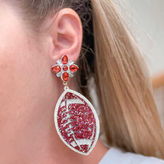 Glitter Football Dangle Earrings - Burgundy & White
