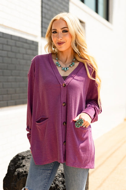 Wine Waffle Weave Cardigan