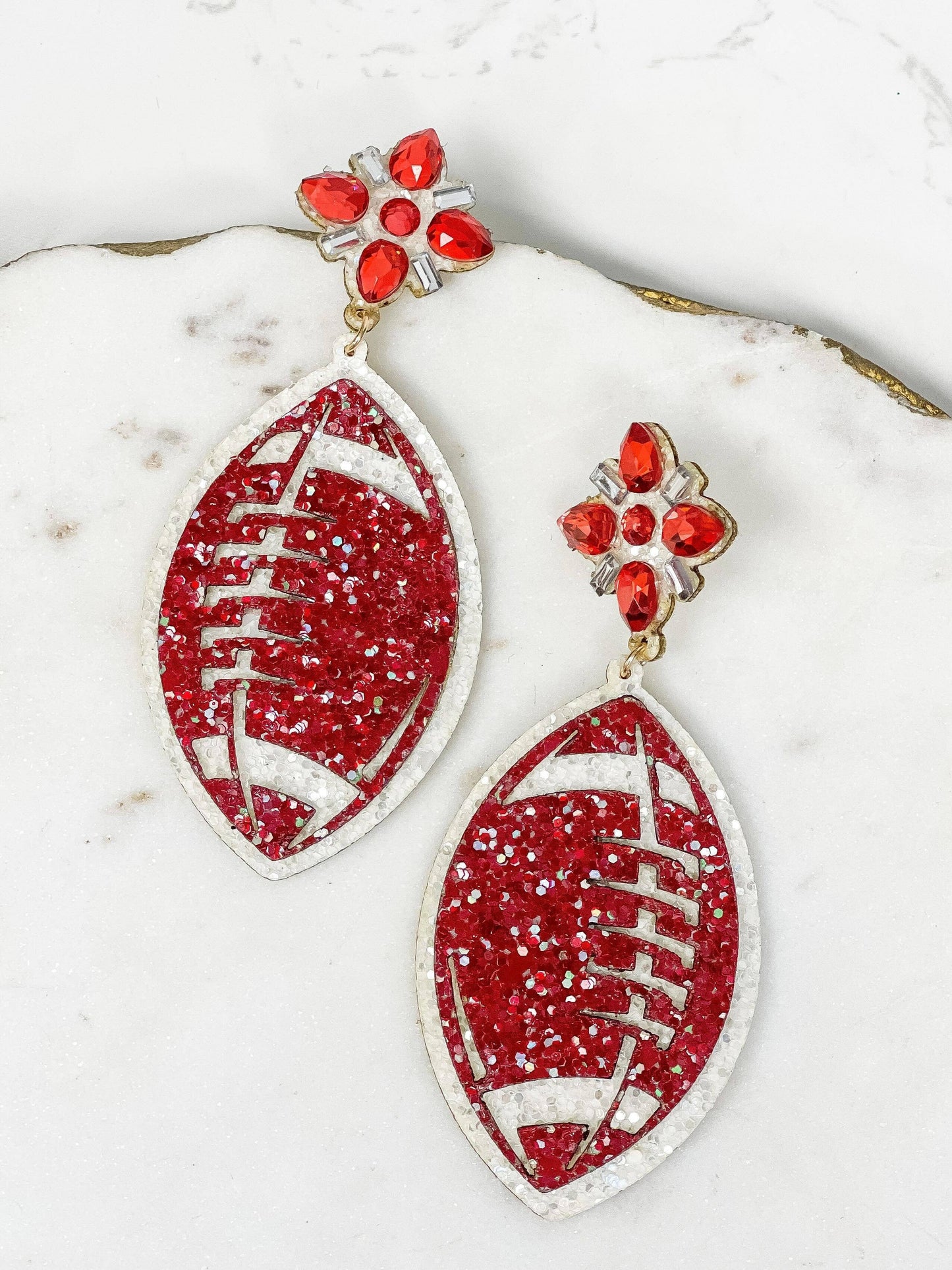 Glitter Football Dangle Earrings - Burgundy & White