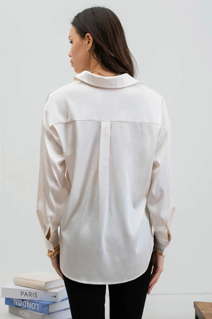 White Solid Satin Split Neck Long Sleeve Top