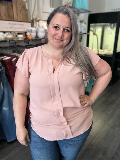 Split Neck Ruffle Sleeve Blush