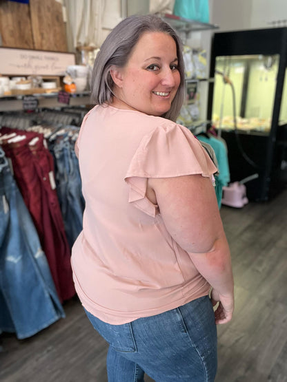Split Neck Ruffle Sleeve Blush