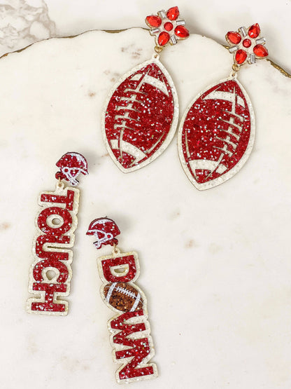 Glitter Football Dangle Earrings - Burgundy & White