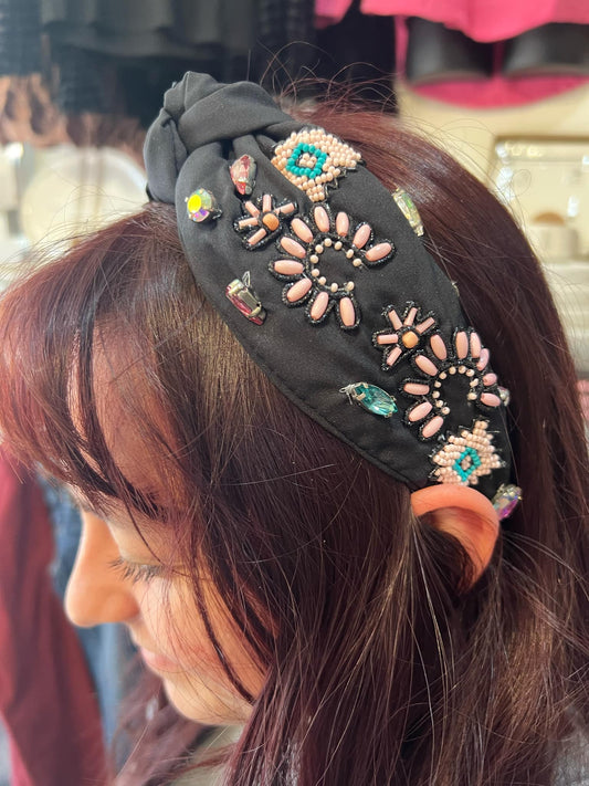 Black Headband with Western Style Beading