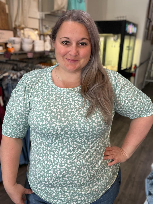 Round Neck Sage Floral Top