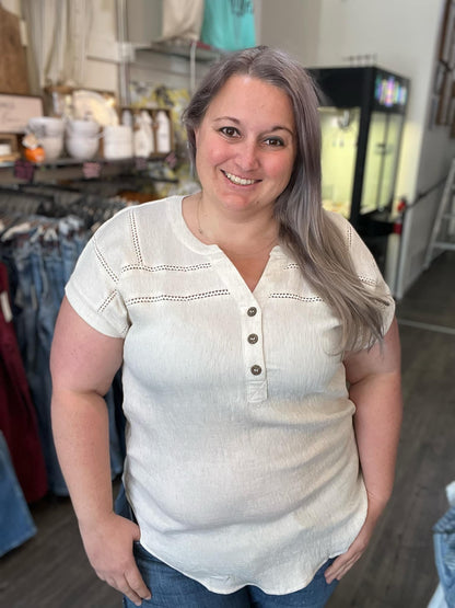 Crochet Lace Trim Short Sleeve Henley Blouse Cream