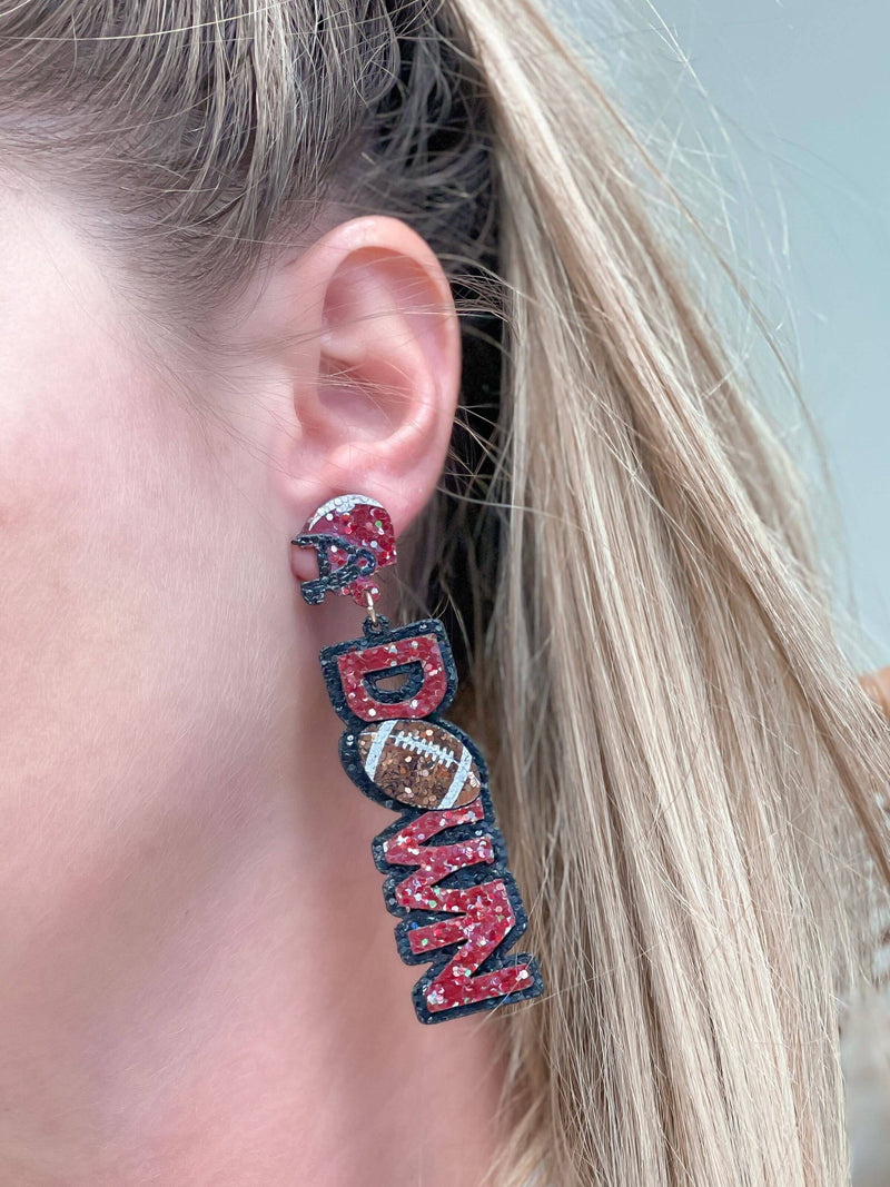 Glitter 'Touch Down' Football Earrings - Burgundy & Black