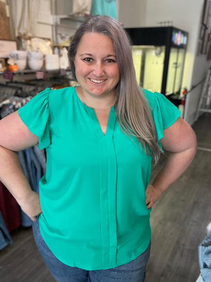 Split Neck Ruffle Sleeve Kelly Green