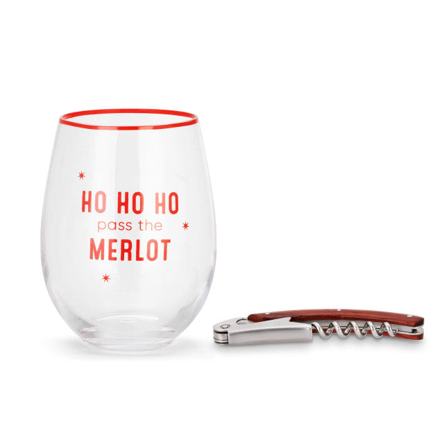 Ho Ho Ho Merlot Wine Glass & Corkscrew Set