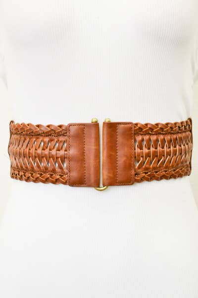 Leather Look Braid Elastic Belt Brown