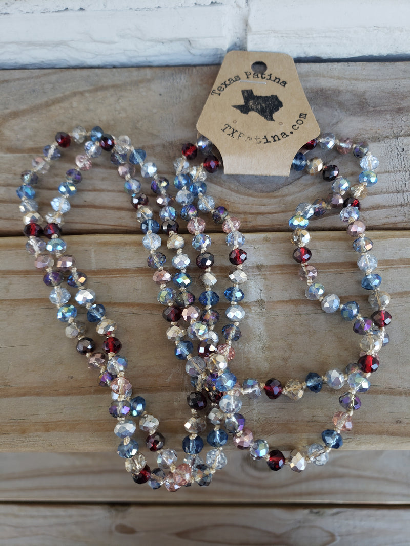 60" Beaded Necklace Iridescent Clear and Red Multi